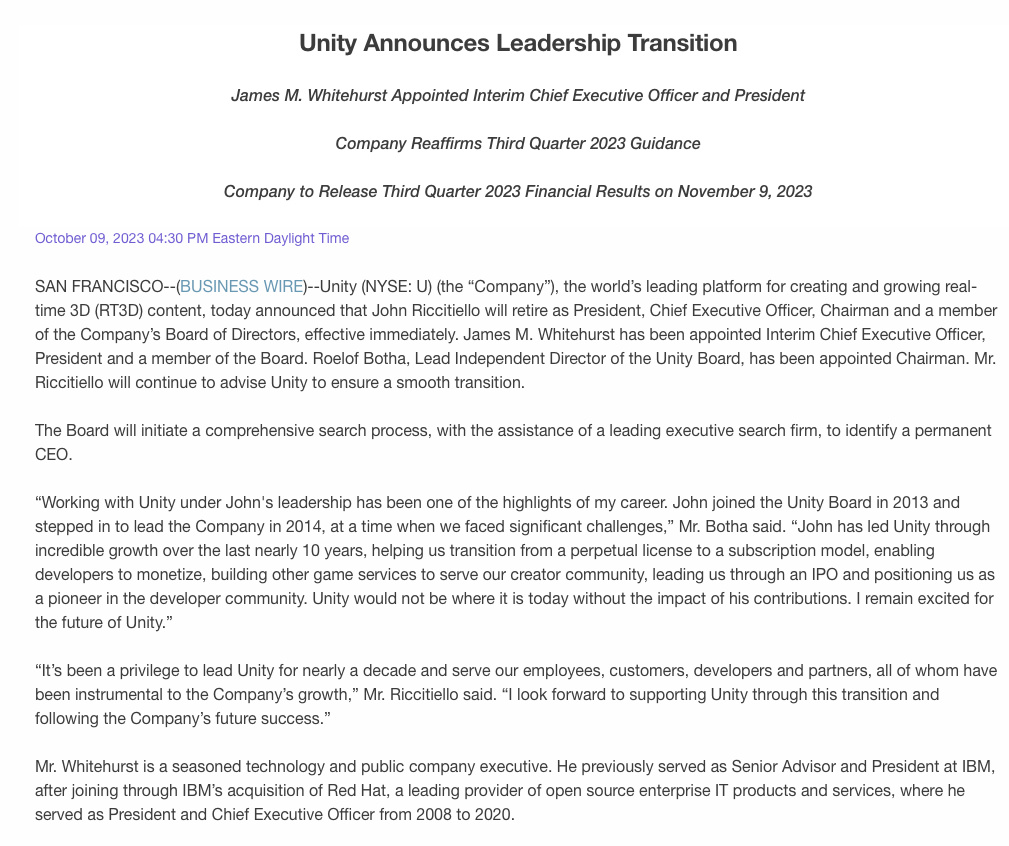 unity concord international 搞砸公司就跑路？Unity CEO John Riccitiello卸任！