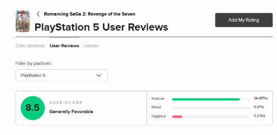 《浪漫沙加2RE》M站玩家评分8.5分：87%玩家好评！